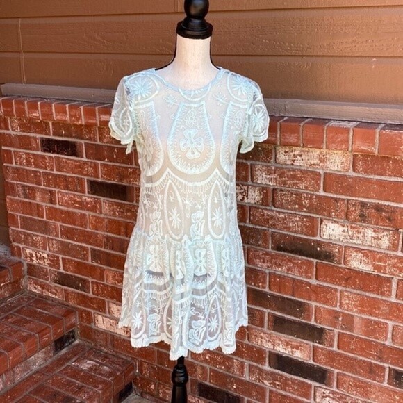 Jen's Pirate Booty Mint Green Lace Embroidered Drop Waist Mini Dress Women's SM - Picture 1 of 10
